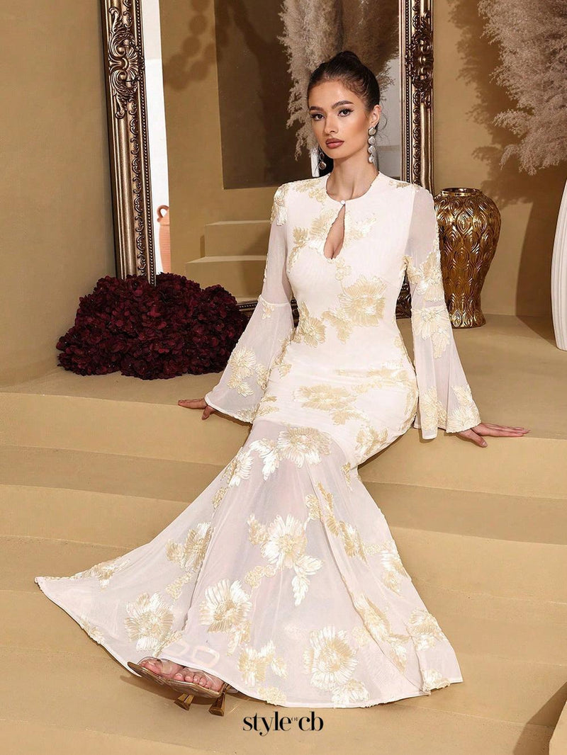 Trumpet sleeve hip-hugging mesh embroidery maxi dress in pale yellow