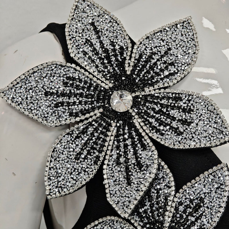 rita black 3D Floral Rhinestone Bodycon Slit Maxi Bandage Dress