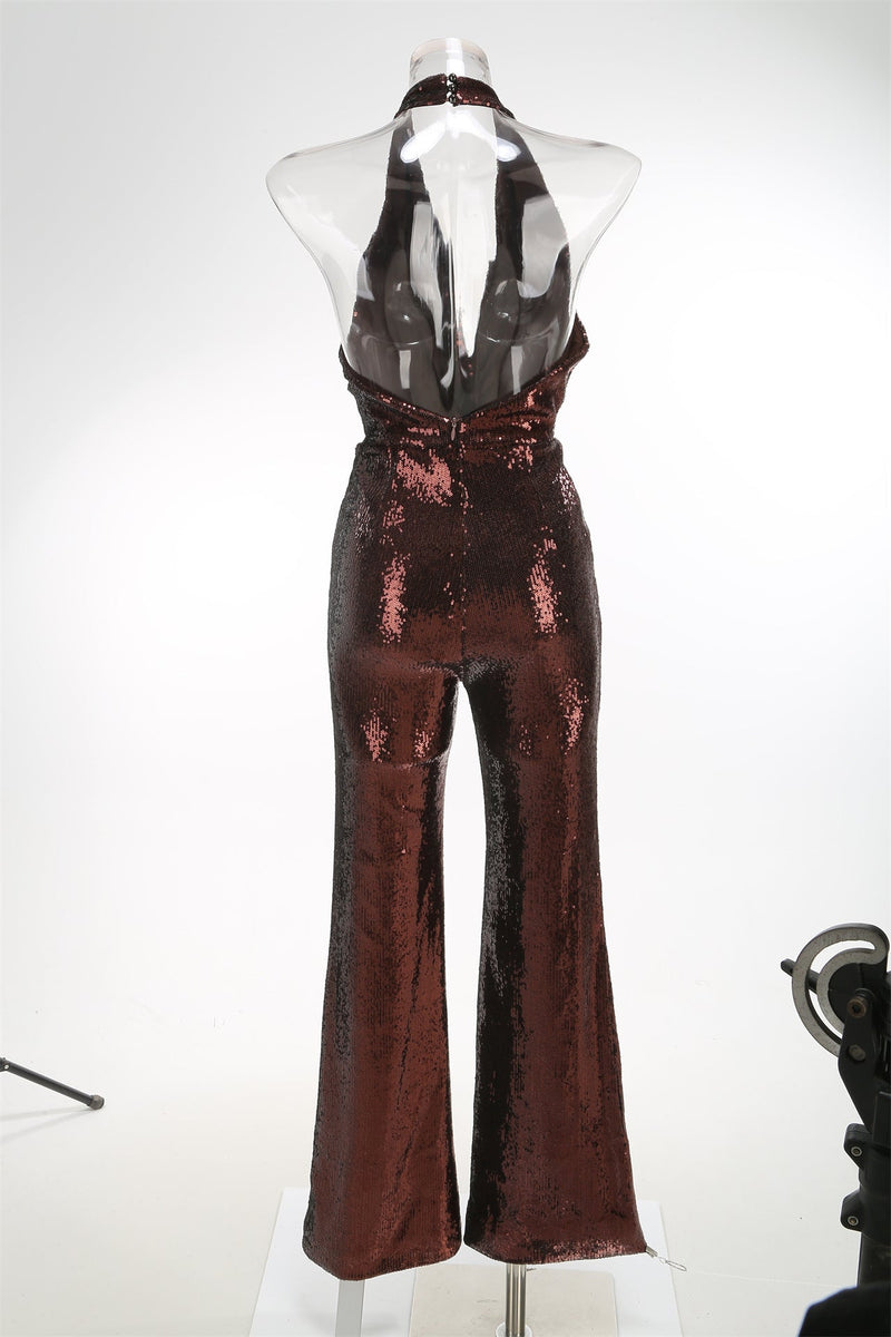 nora brown Sequin halterneck deep V high waist flared jumpsuit