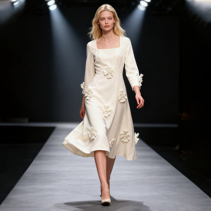 winifred 3d flower embellished  long sleeve maxi dress in white