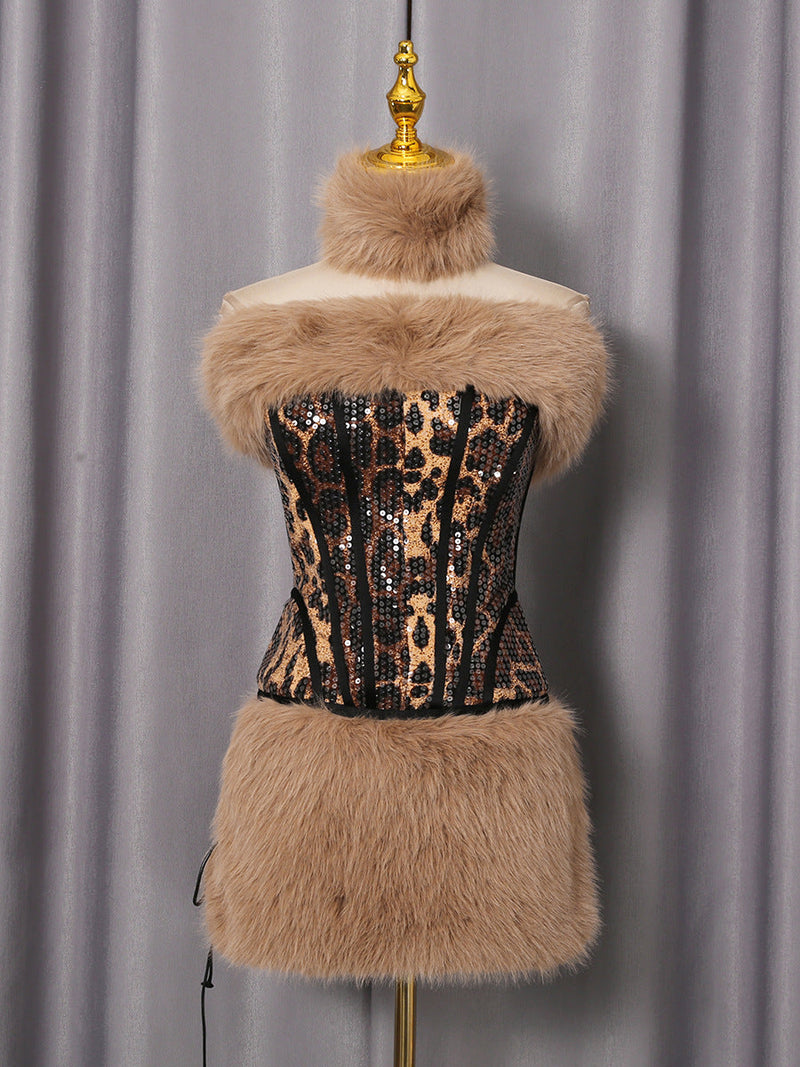 suzanne Leopard Fur Sequin Skirt Set