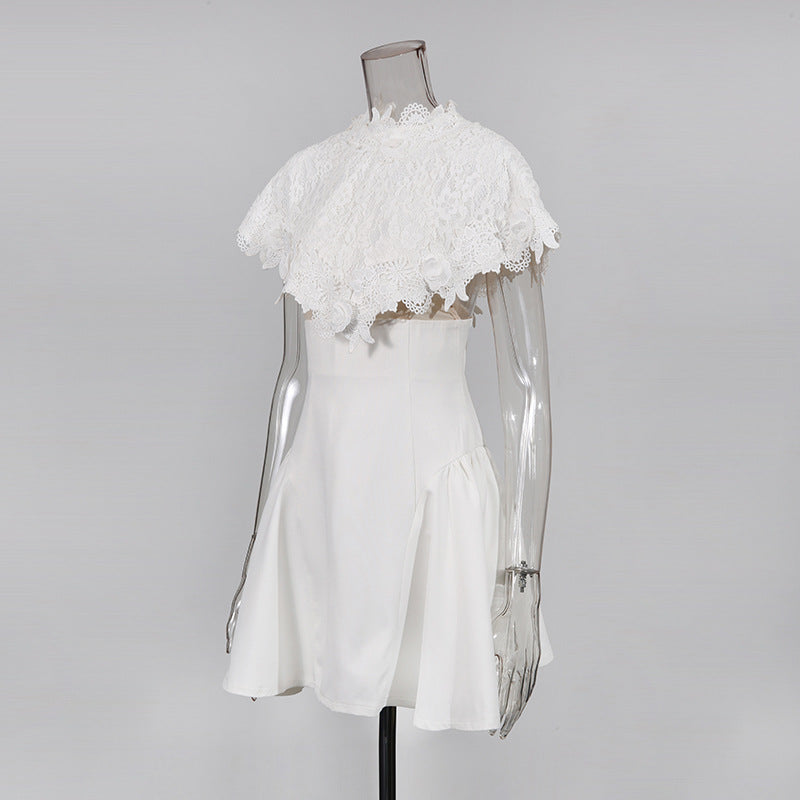 vanessa White mini dress with embroidered lace cape
