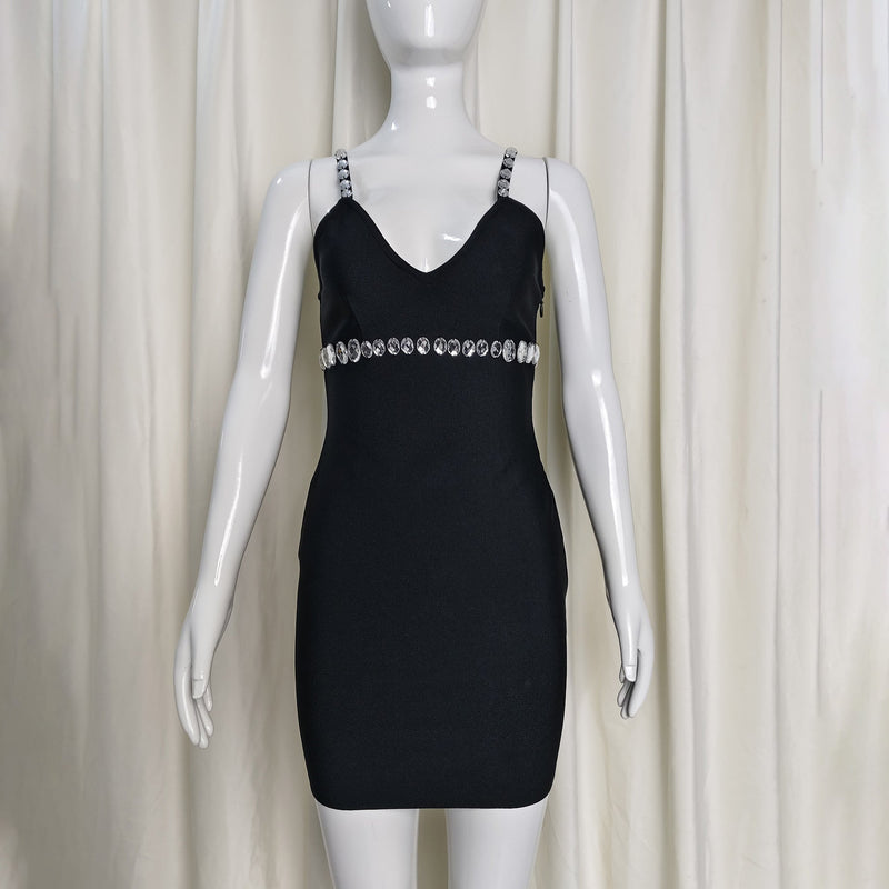 karen V-neck rhinestone embellished stretch Bodycon mini dress in black