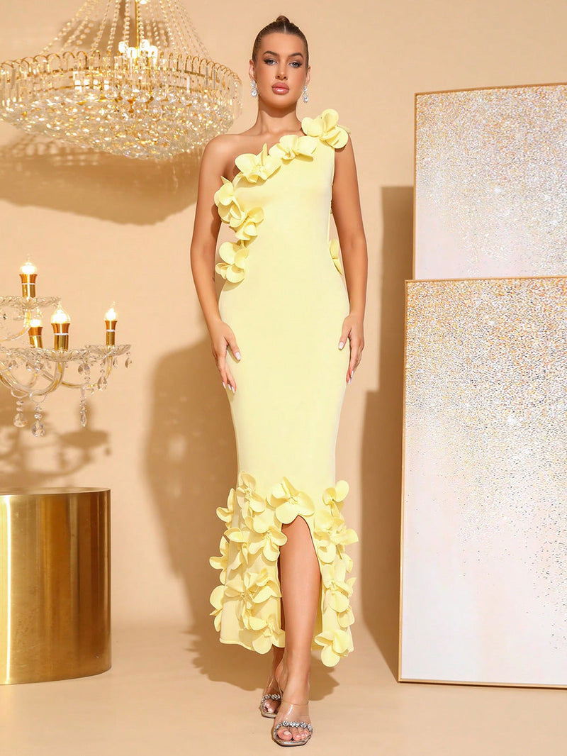 alma 3d flower one-shoulder bodycon maxi dress in yellow