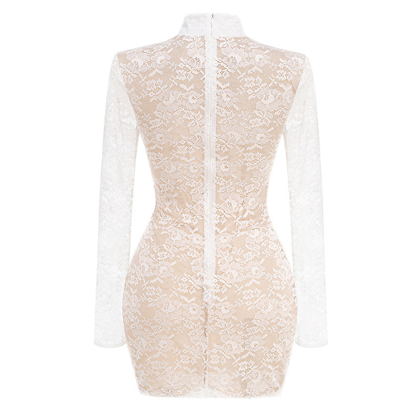 Lace jacquard fishbone bodycon mini dress in white
