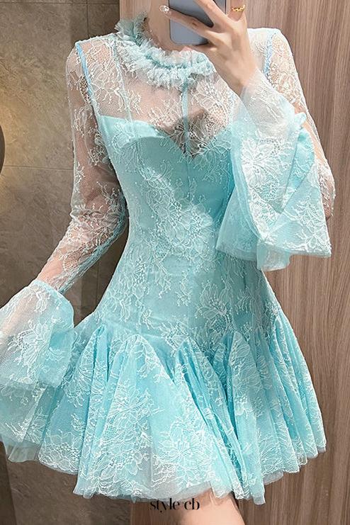 blue  Embroidered Flared Mini Dress