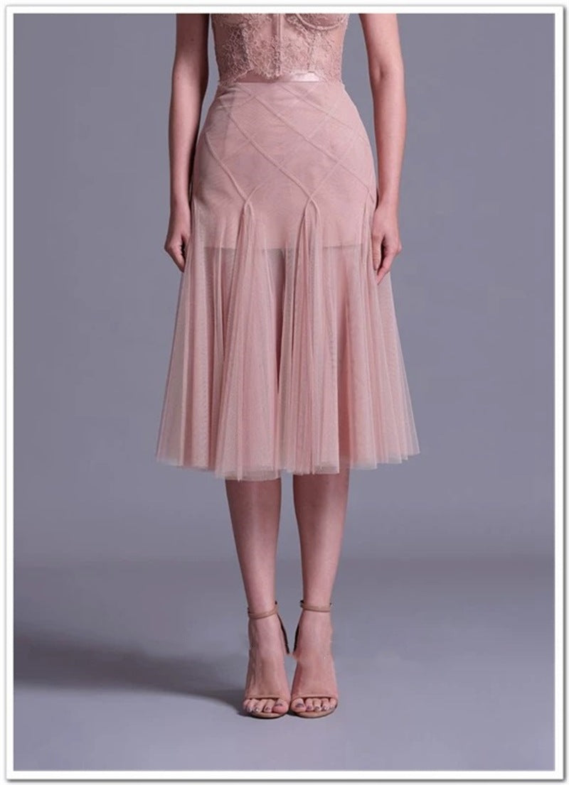 floral dentelle off-shoulder bustier corset net skirt set in pink