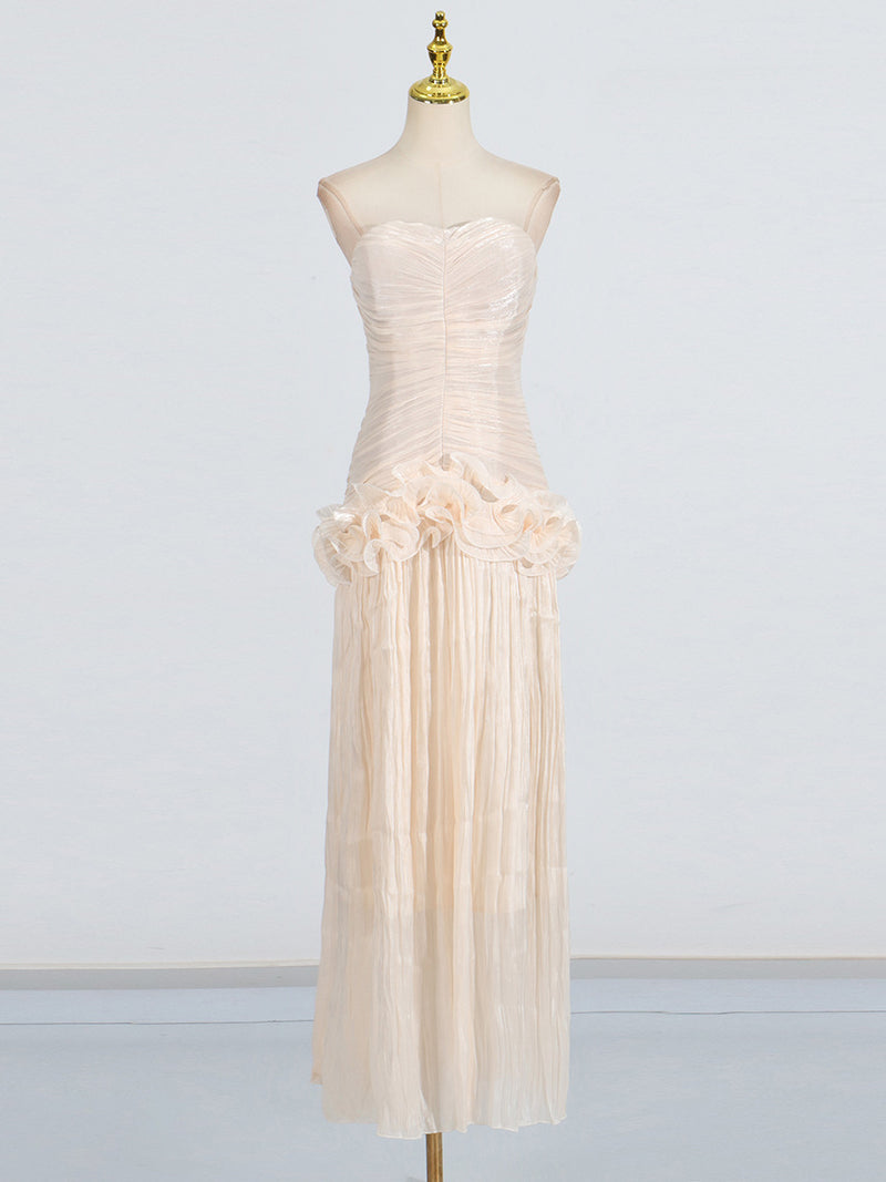 ruffle-embellished pleated maxi dress in apricot