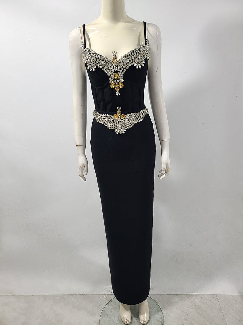 rita Rhinestone Bandage maxi dress in black