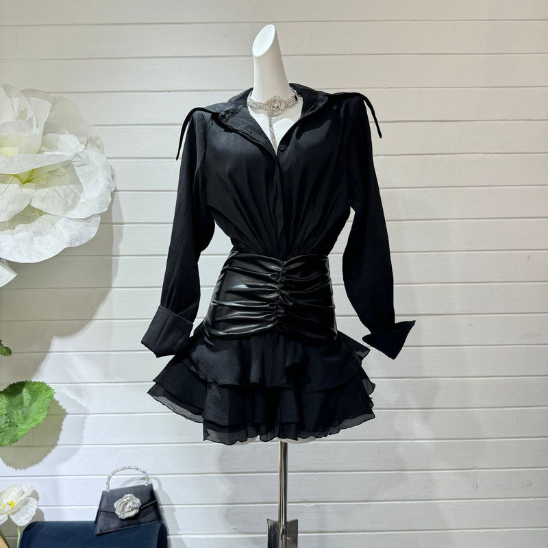 mandy Collar Ruched Ruffle Mini Dress in black