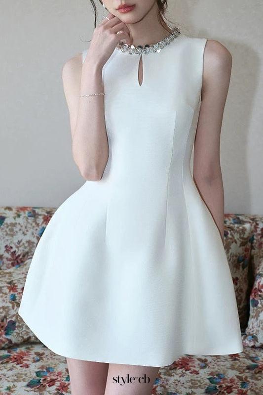 alyssa Round neck diamond sleeveless dress in white