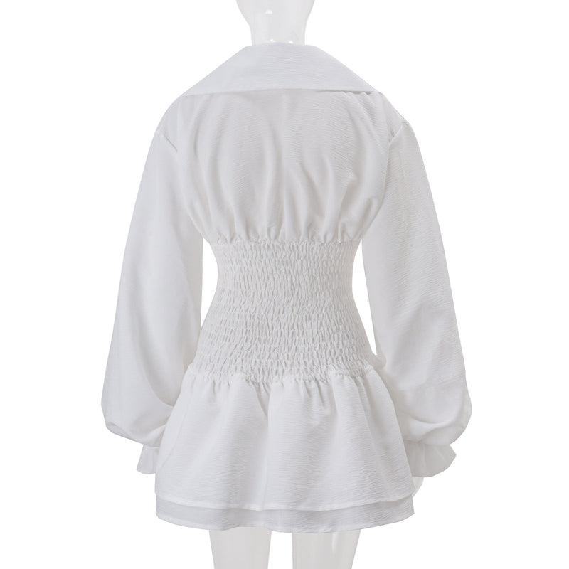 zenobia Large lapel button puff sleeve tutu mini dress in white