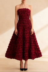mona 3D Rose Petal Strapless Mesh Maxi Dress in wine red