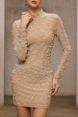 Khaki Tassel Rhinestone Mesh Pearl Hip-Wrap mini Dress