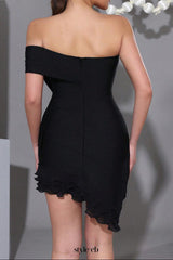 Flower Diamond ruffle trim Tube Top mini dress in black