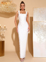 adela white flower Beaded square-neck elastic bandage maxi dress