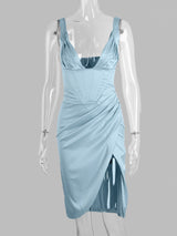 SATIN CORSET MIDI DRESS IN BLUE