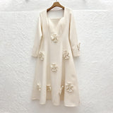 winifred 3d flower embellished  long sleeve maxi dress in white
