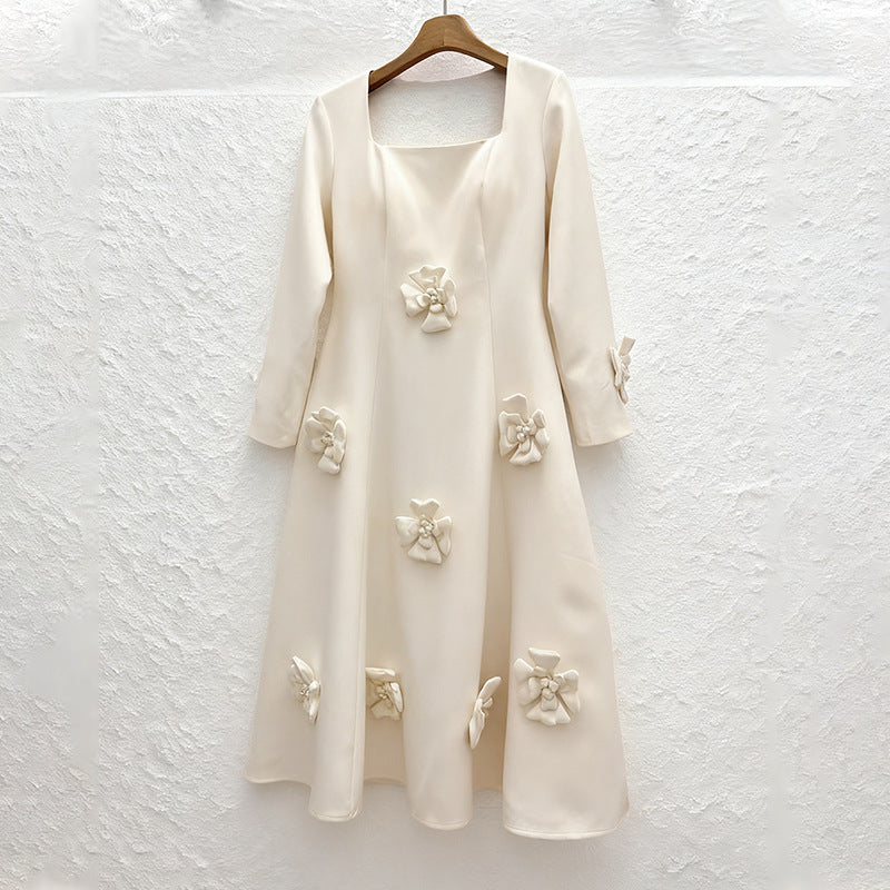 winifred 3d flower embellished  long sleeve maxi dress in white