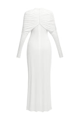 bonnie long sleeve pleated knot bodycon maxi dress in white