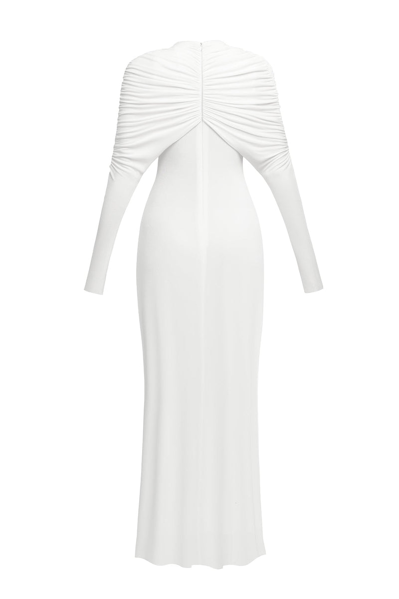 bonnie long sleeve pleated knot bodycon maxi dress in white
