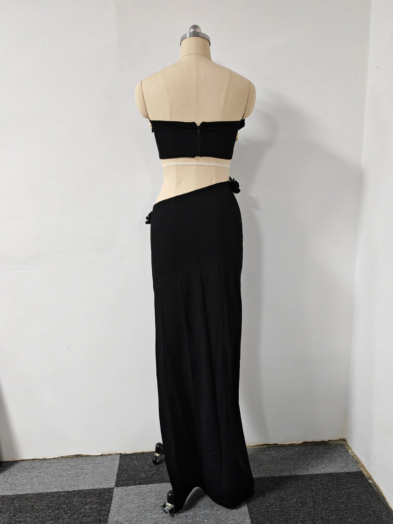 black High Slit Tassels 3d Flowers Strapless Maxi Set