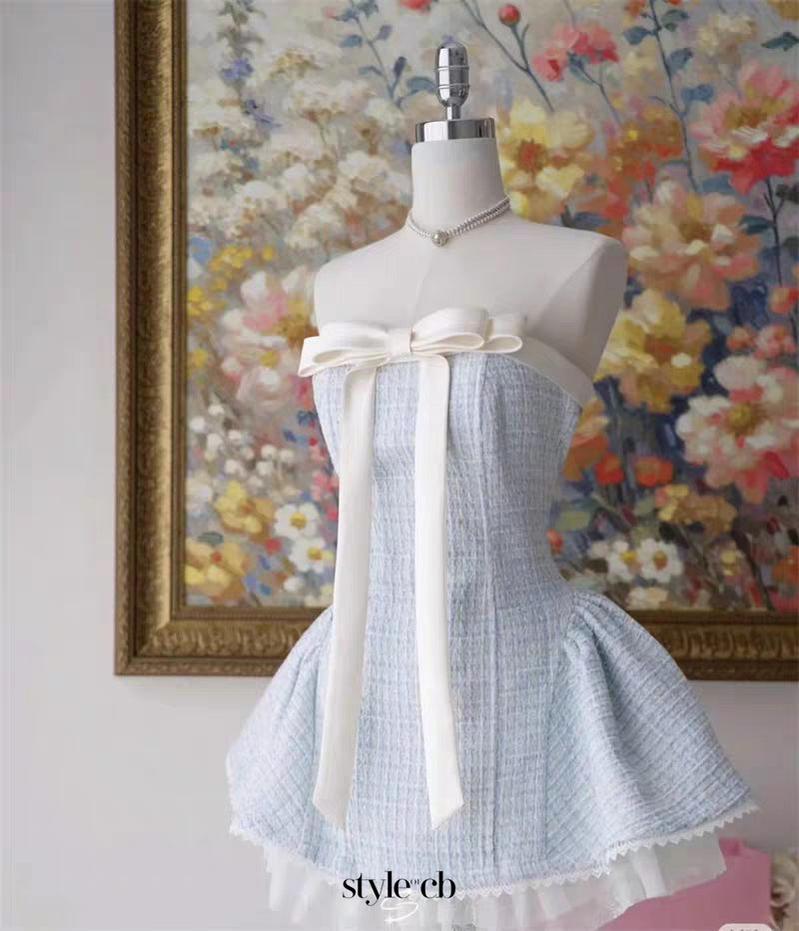 Bow woven lace tube top mini dress in pink