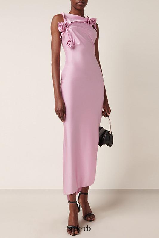 3d flower asymmetric satin slit gown in pink