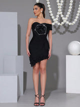 Flower Diamond ruffle trim Tube Top mini dress in black