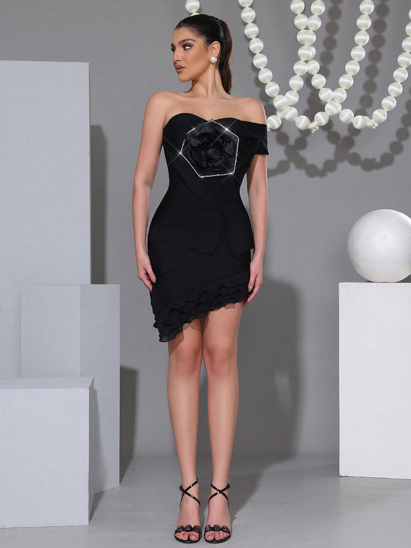 Flower Diamond ruffle trim Tube Top mini dress in black