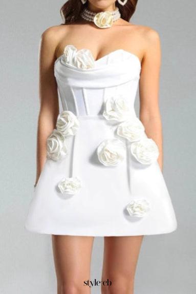valerie 3d flower embellished strapless mini dress in white