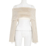 verna faux fur off-shoulder long sleeve top in beige