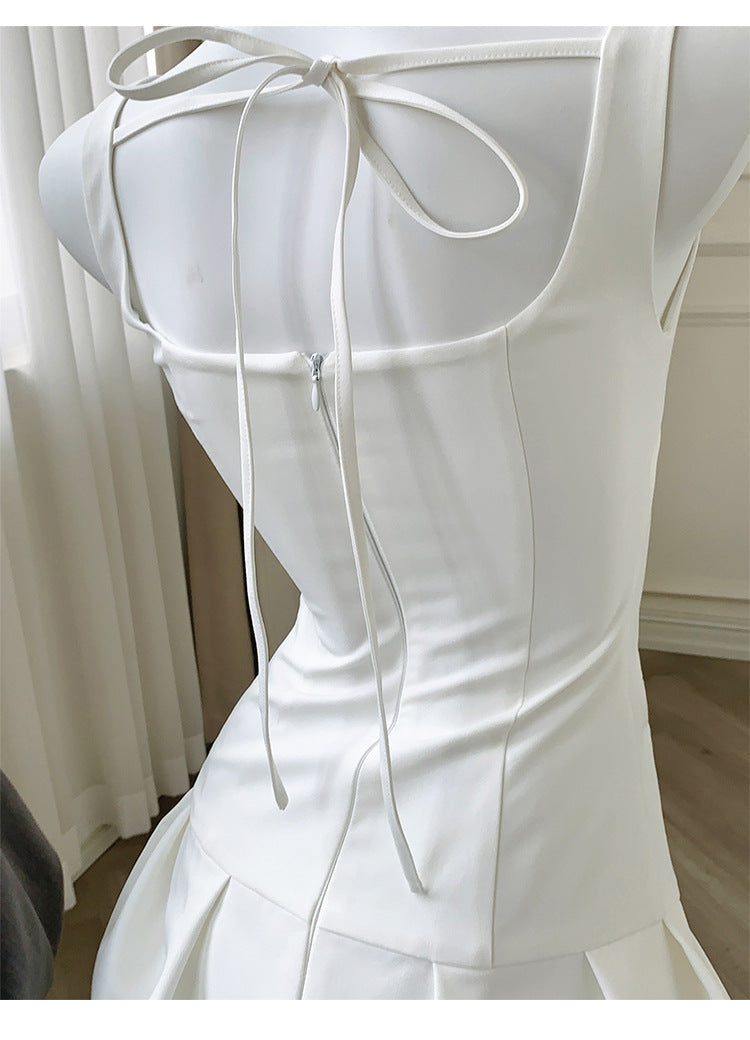 arabela square neck bud mini dress in beige