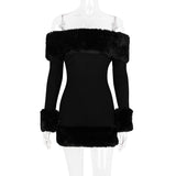 rita Black long-sleeve off-shoulder mini dress with fuzzy details