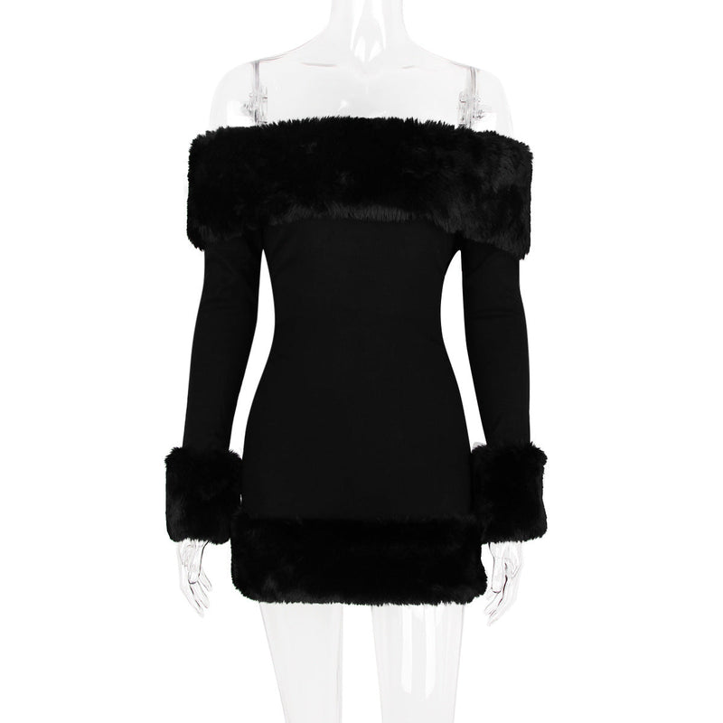 rita Black long-sleeve off-shoulder mini dress with fuzzy details