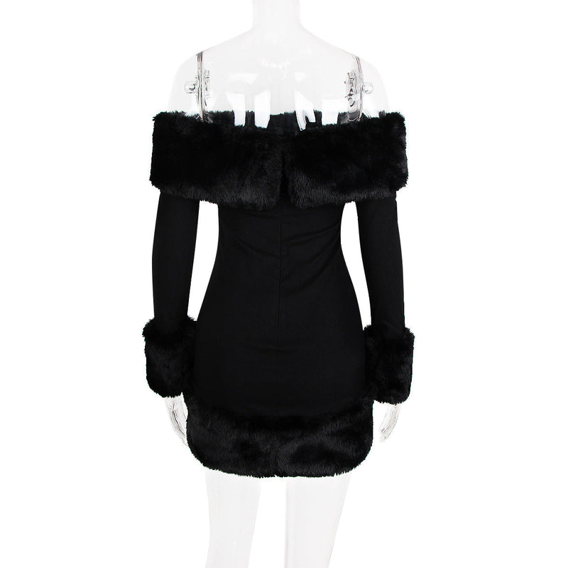 rita Black long-sleeve off-shoulder mini dress with fuzzy details
