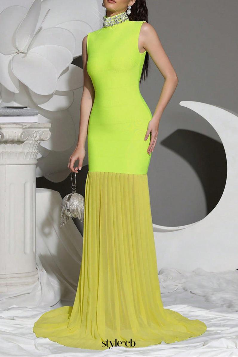 amy Mesh stitching diamond high collar bandage maxi dress in green