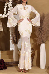 Trumpet sleeve hip-hugging mesh embroidery maxi dress in pale yellow