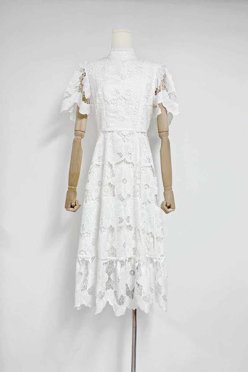 jessica Lace hollow layered midi dress in white