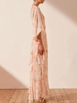 puff long sleeve tiered ruffle hem maxi dress in pink