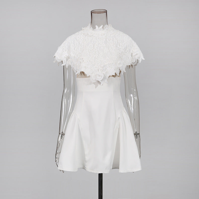 vanessa White mini dress with embroidered lace cape