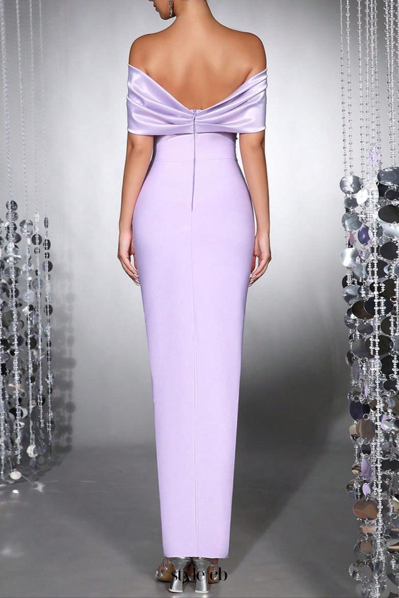 belen Diamond off-Shoulder bodycon Maxi Bandage Dress in pale purple