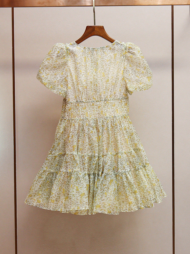 Printed V-neck tutu mini dress in Daisy Yellow