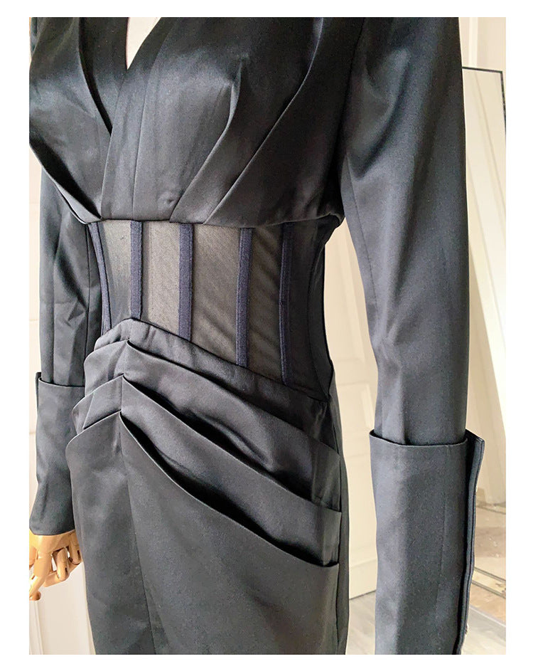 alyssa Deep V See-Through Fishbone Pleated Hip blazer mini dress in black