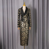 high-waisted skirt Gold sequin print blazer suit in black