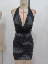 alison halter v-neck sequin bodycon mini dress in black