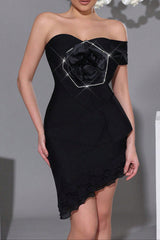 Flower Diamond ruffle trim Tube Top mini dress in black