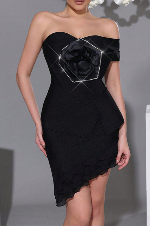 Flower Diamond ruffle trim Tube Top mini dress in black