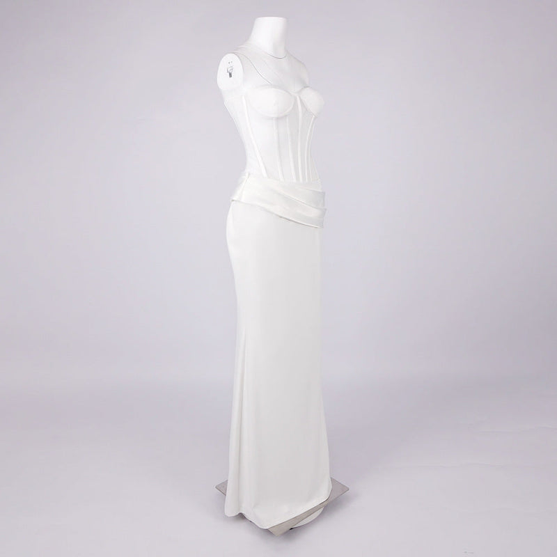 priscilla Strapless Veiled Corset Maxi Dress in white