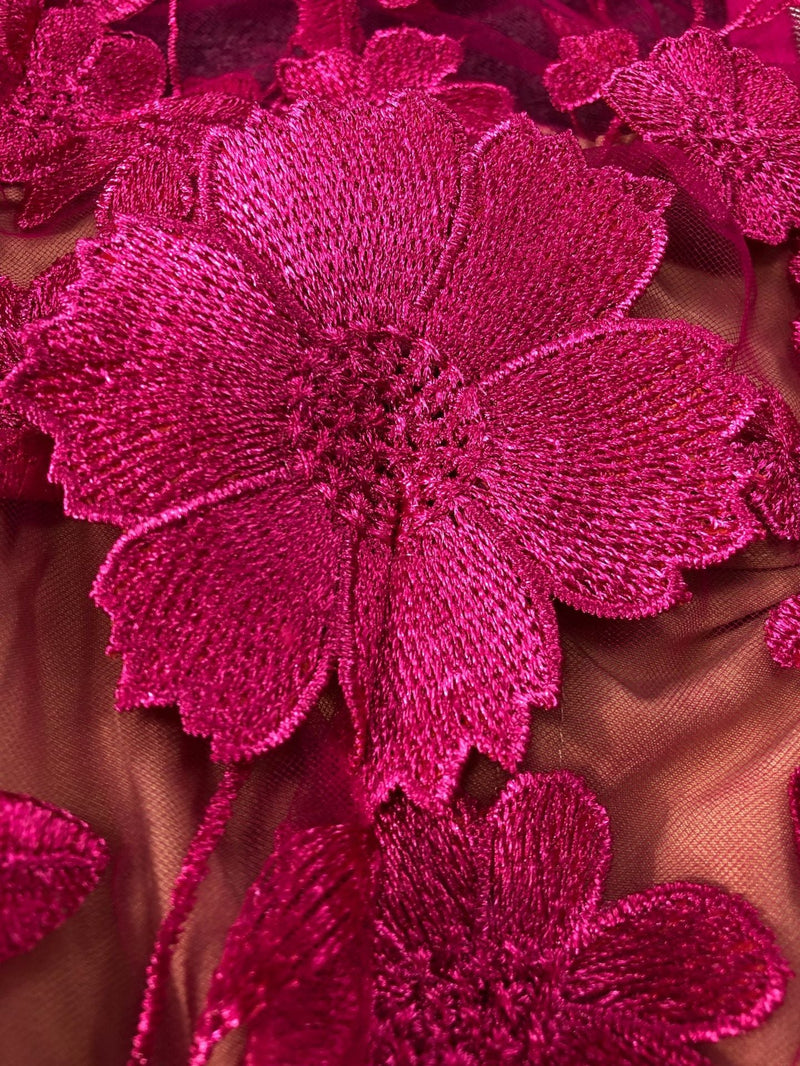 Rose red floral lace Long Sleeve Mini Dress